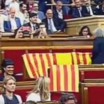 Momento en el que la diputada de Podem retira las banderas