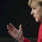Angela Merkel durante una conferencia en Berlín