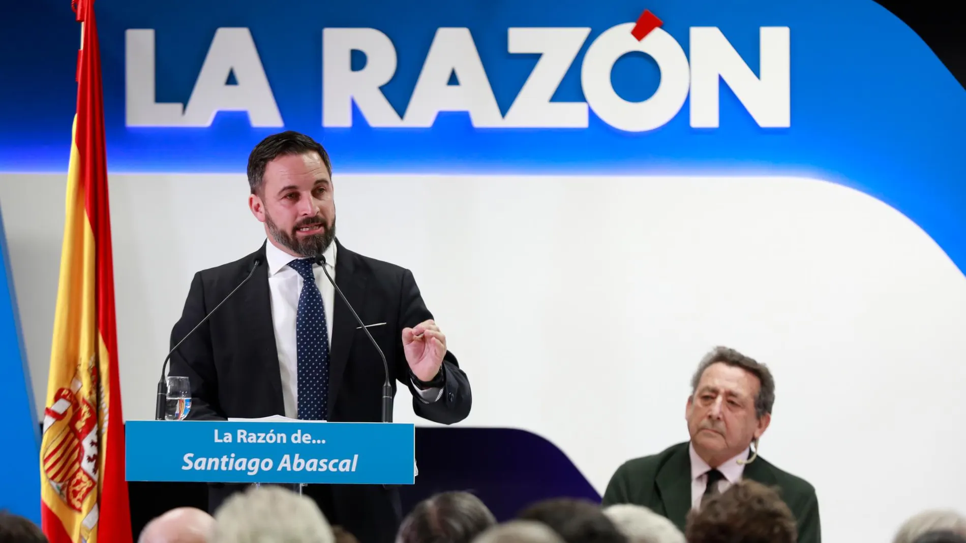 El presidente de Vox, Santiago Abascal, durante su intervención en La Razón. Foto: Luis Díaz