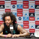 El jugador brasileño del Real Madrid Marcelo Vieira habla en una rueda de prensa sobre la Copa Internacional de Campeones