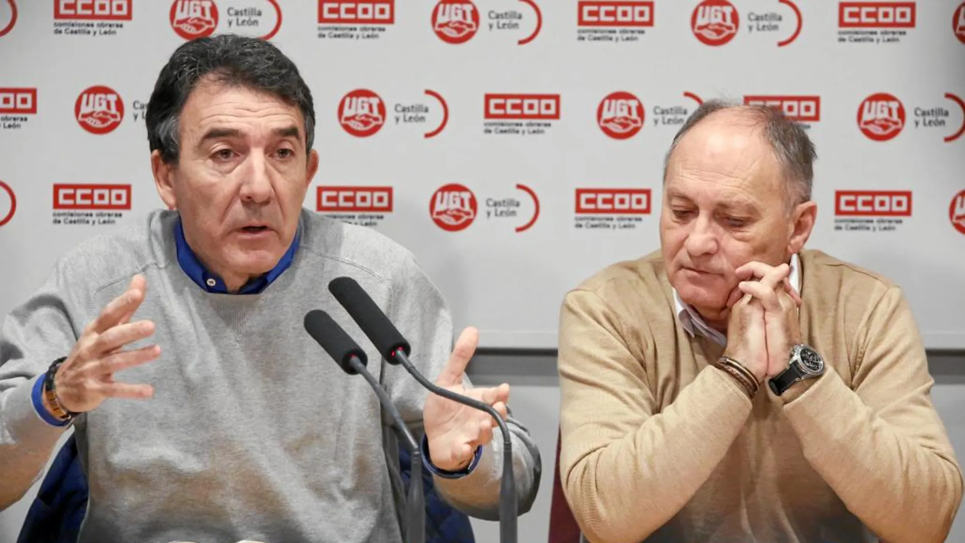 Ángel Hernández (CCOO) y Faustino Temprano (UGT), durante una reciente rueda de prensa en Valladolid