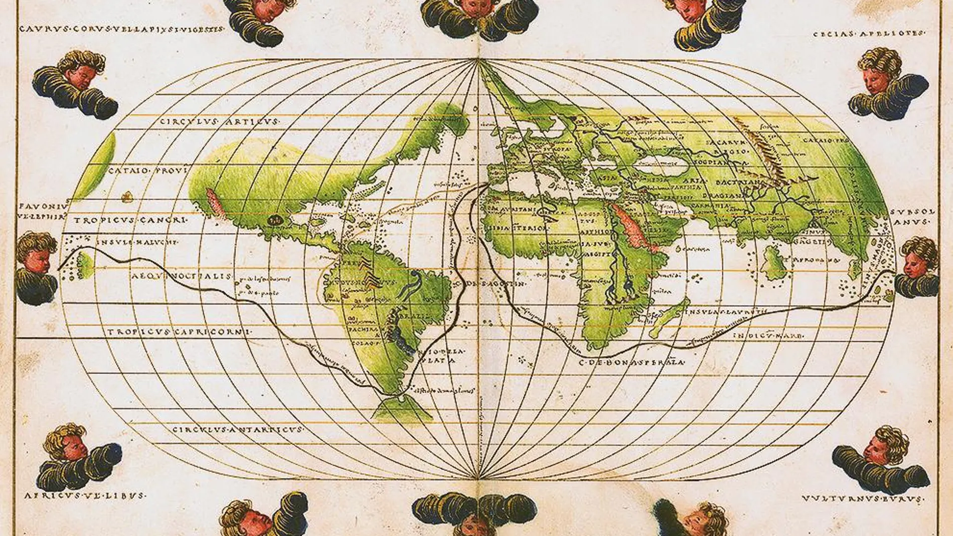Mapamundi de 1544 de Bautista Agnese con el recorrido de la circunnavegación