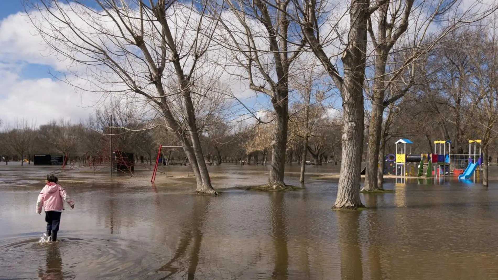 Las intensas lluvias de los últimos días desbordan el río Adaja a su paso por Ávila mientras una niña pasea por el parque de El Soto