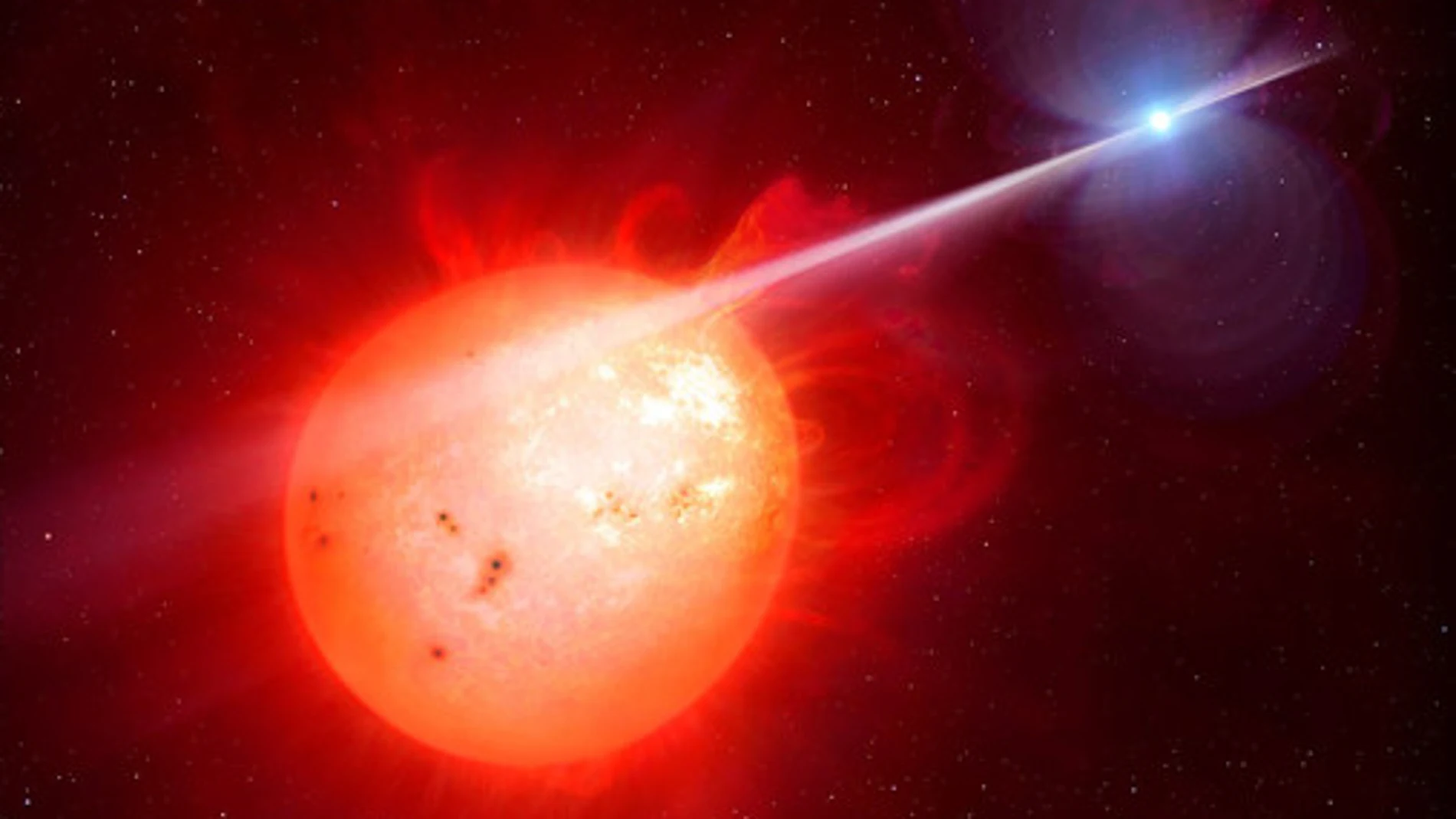 Ilustración del exótico sistema binario estelar AR Scorpii, compuesto por una enana roja (derecha) y una enana blanca (derecha).