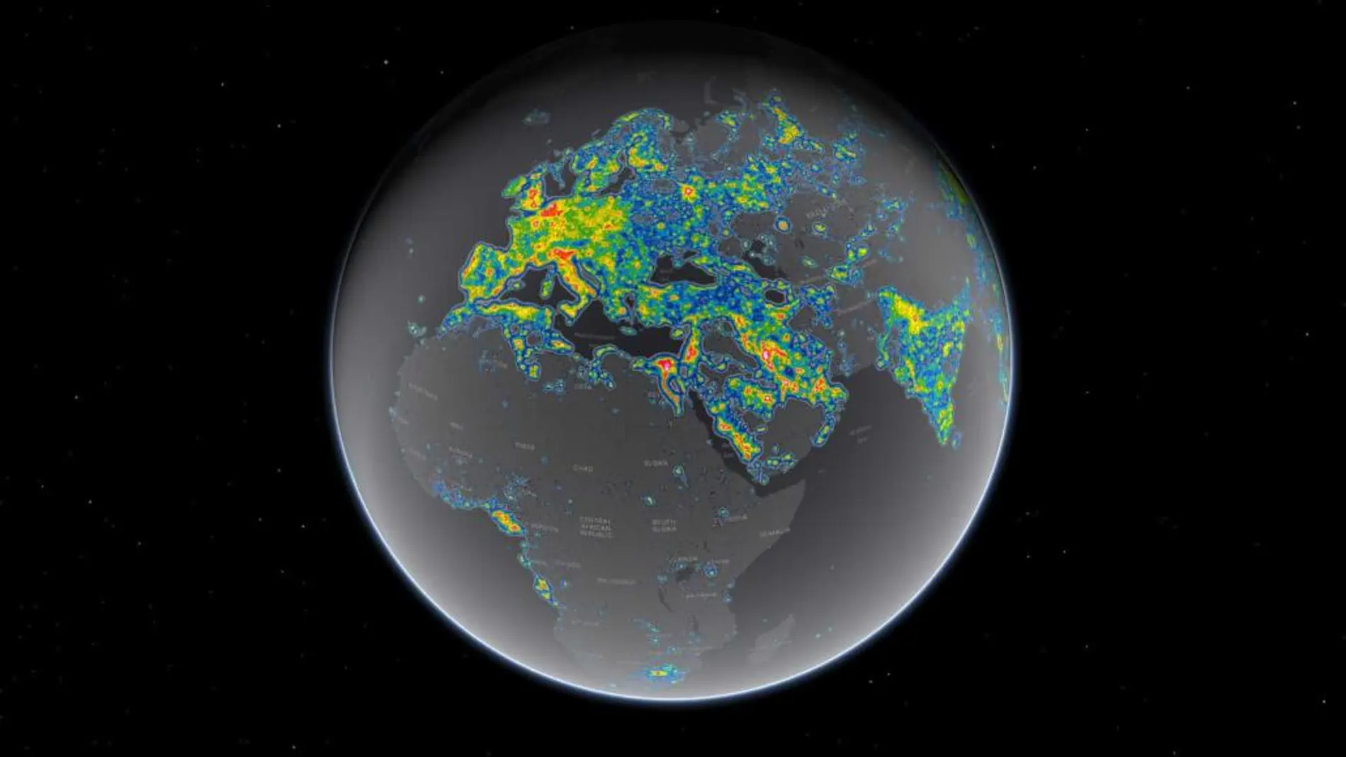 Imagen de 2016 con la contaminación lumínica que sufren los cielos nocturnos debido a las luces artificiales