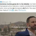 Tuit de Vox tras su exclusión en el debate electoral de RTVE / Twitter