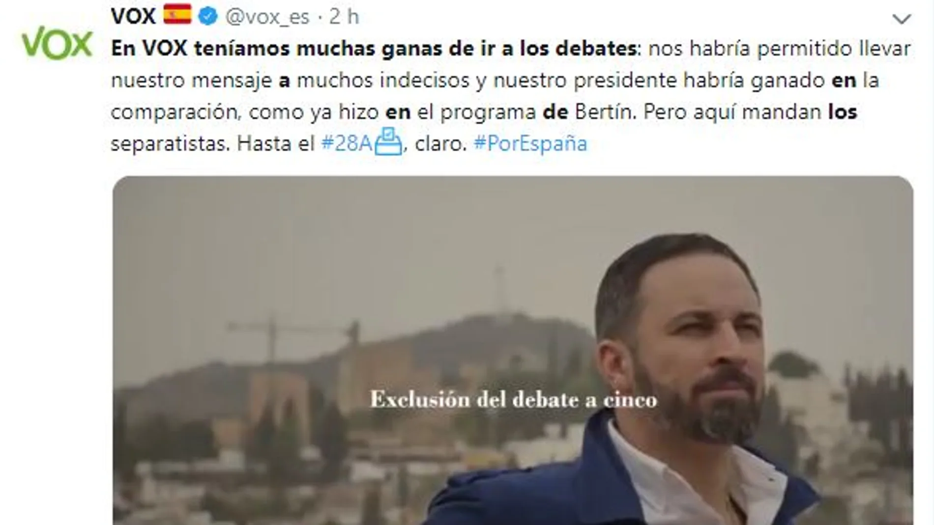 Tuit de Vox tras su exclusión en el debate electoral de RTVE / Twitter