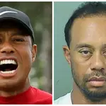 Tiger Woods celebra a la izquierda su triunfo de hoy. A la derecha, en la foto de su ficha policial tras su detención.