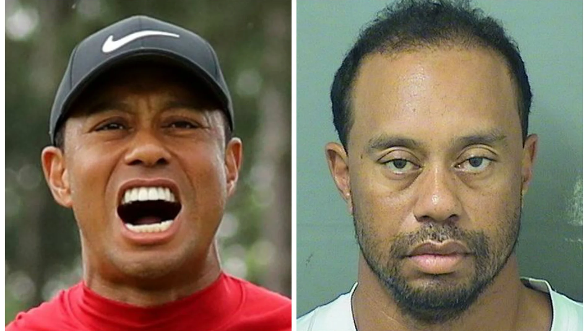 Tiger Woods celebra a la izquierda su triunfo de hoy. A la derecha, en la foto de su ficha policial tras su detención.