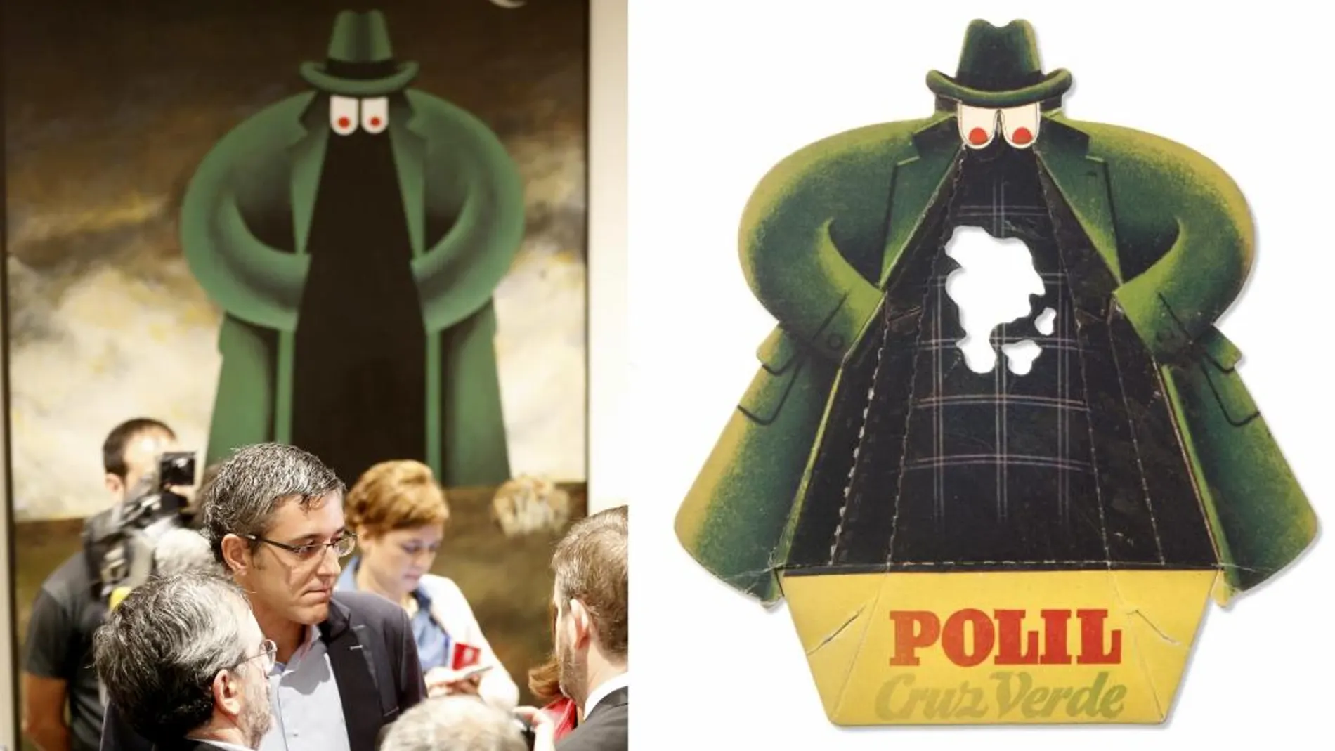 A la izquierda, Eduardo Madina junto al cuadro del Equipo Crónica; a la derecha, el logo de "Polil", el producto que protegía la ropa de las polillas.