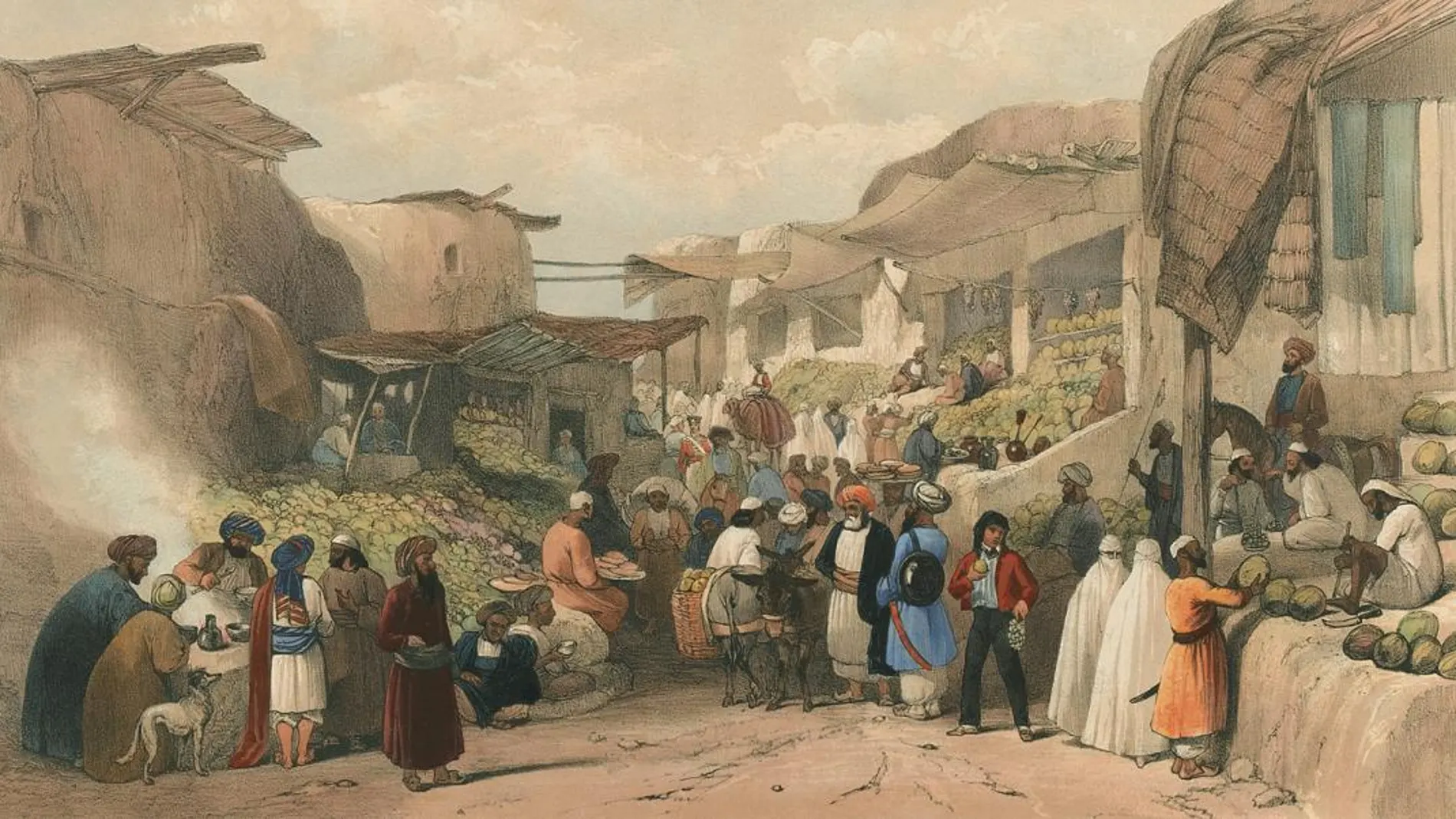 El bazar de Kabul durante la ocupación británica, dibujo de James Rattray (1818-1854), alférez en el Ejército de Bengala durante la ocupación de Afganistán. Foto: National Army Museum