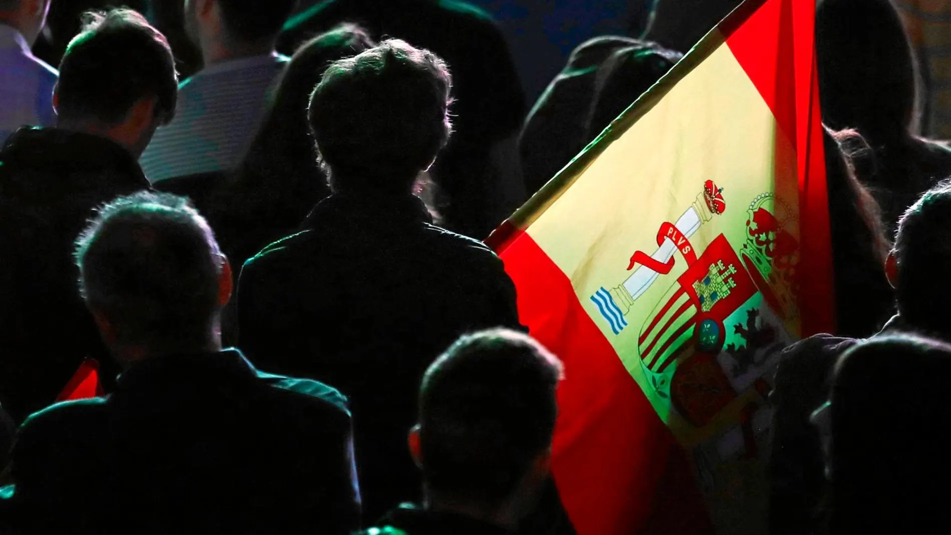 Los seguidores de Abascal portan la bandera de España durante la fiesta de celebración organizada por el partido tras las elecciones generales, ayer en Madrid