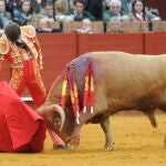 Lama de Góngora torea con la derecha al tercer ejemplar de Juan Pedro Domecq ayer en Sevilla