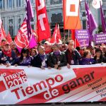 Cabecera de la manifestación convocada por los principales sindicatos catalanes, CCOO y UGT, con motivo del Primero de Mayo, hoy en Barcelona. EFE/Marta Pérez