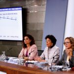Las ministras de Hacienda María Jesús Montero (i), ministra Portavoz Isabel Celaá (c), y de Economía Nadia Calviño, durante la rueda de prensa posterior al consejo de ministros extraordinario.