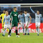 Iago Aspas celebra el tercer gol del equipo gallego