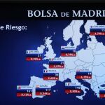 Panel informativo de la Bolsa de Madrid, que muestra los valores de la prima de riesgo,