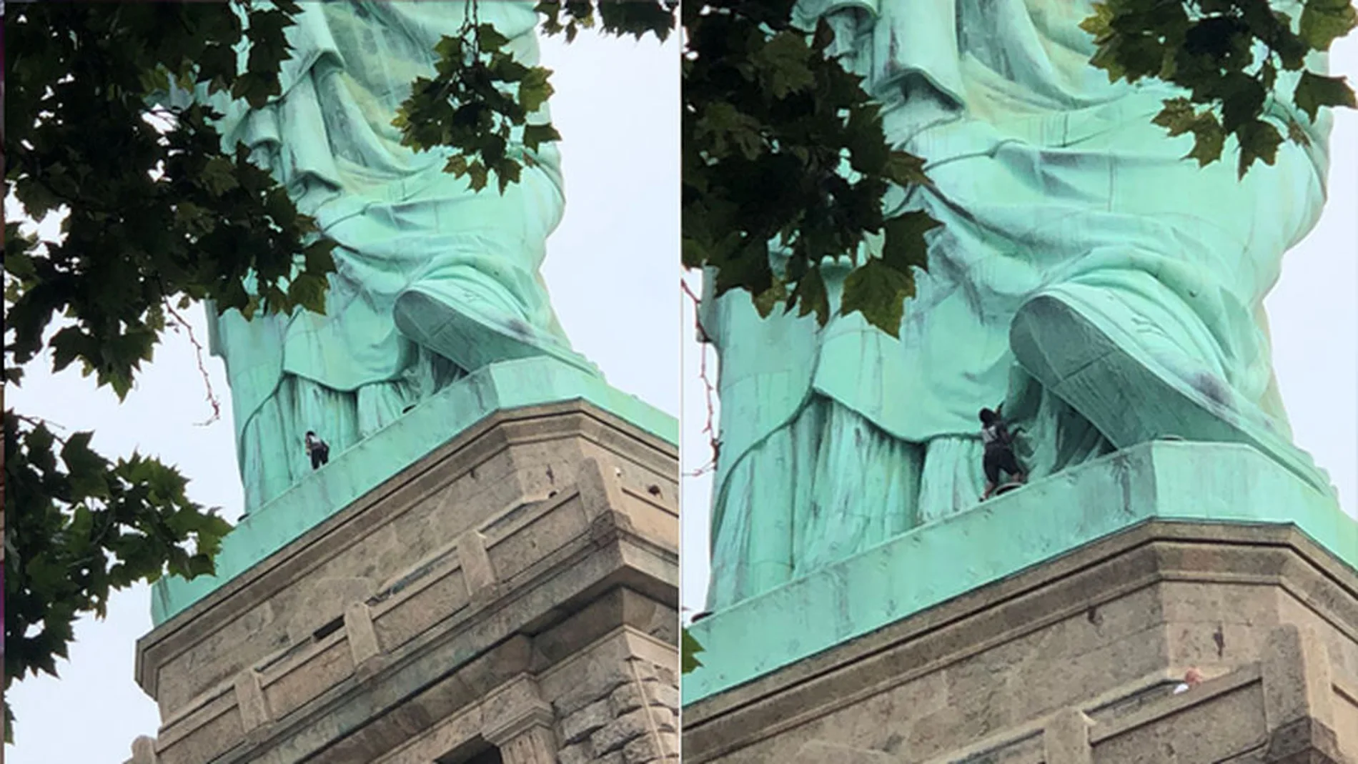 La mujer escaló la Estatua de la Libertad después de que un grupo de activistas desplegara una pancarta como protesta a las políticas migratorias de Trump / Reuters