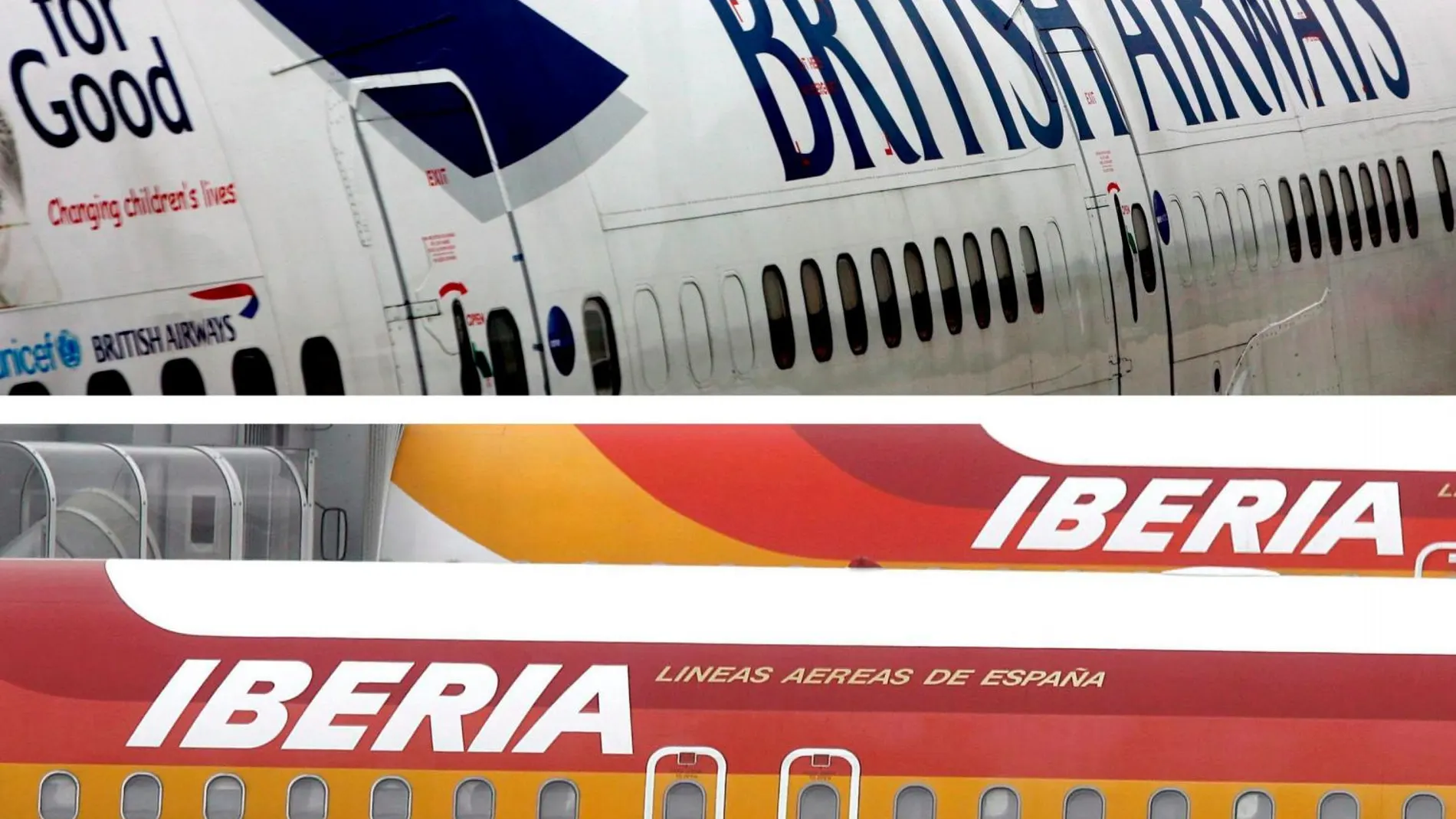 Avión de la aerolínea British Airways (arriba) y un aparato de la compañía aérea Iberia