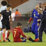 El delantero de la selección española de fútbol Álvaro Morata se lesiona durante el partido amistoso que las selecciones de España y Bélgica