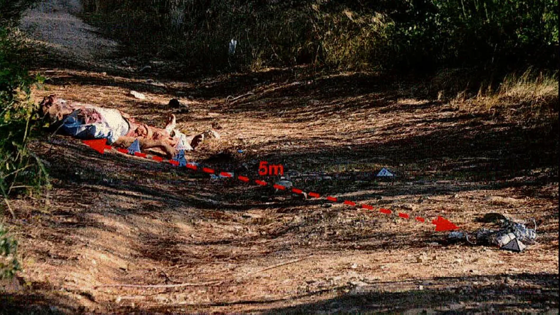 Vista de semiconjunto de la posición del artefacto explosivo simulado respecto al cuerpo del finado referenciado corno indicio 8