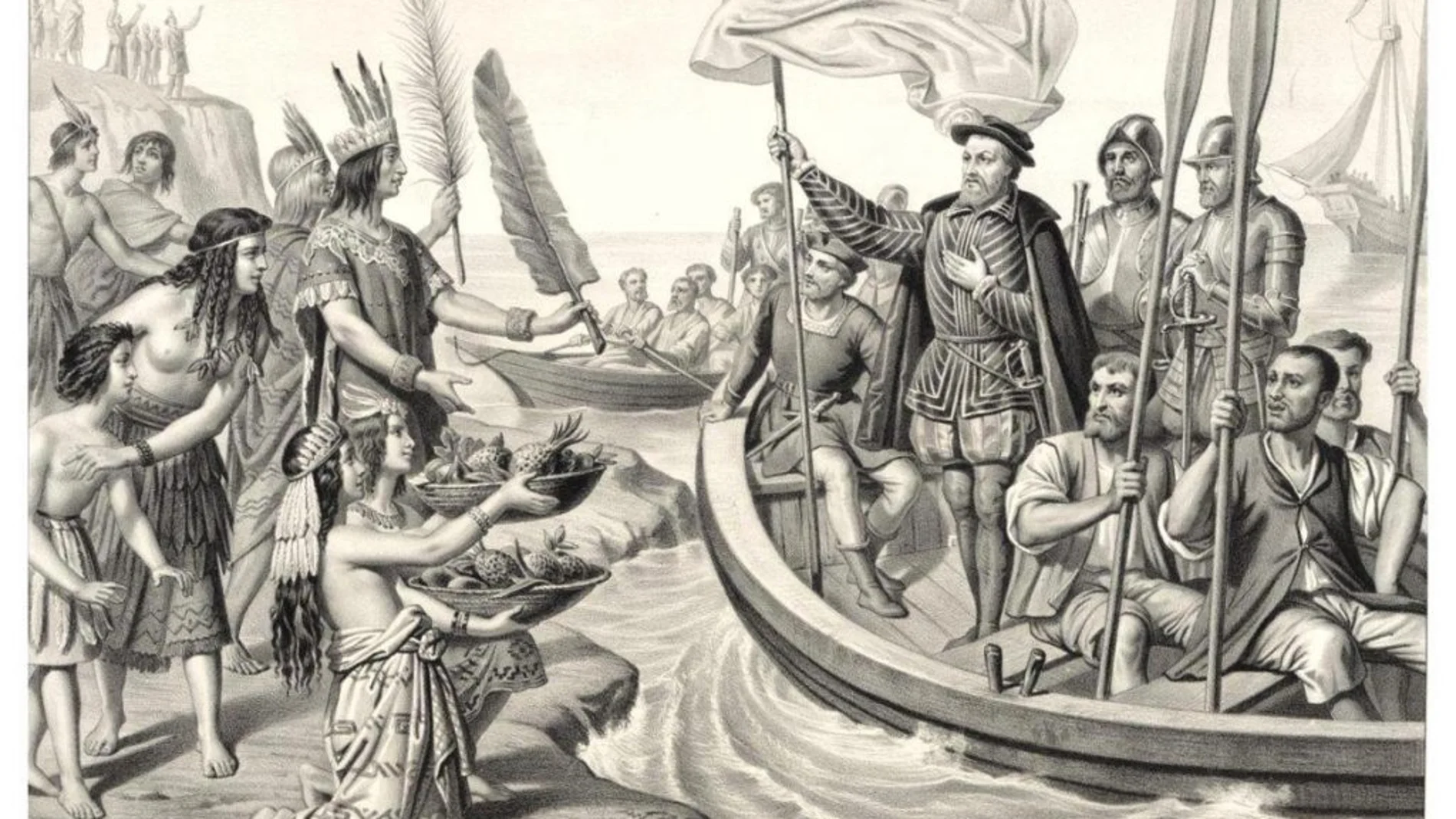 Un grabado de la llegada de Cortés a México