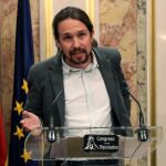 El líder de Podemos, Pablo Iglesias, durante su comparecencia esta tarde en el Congreso de los Diputados