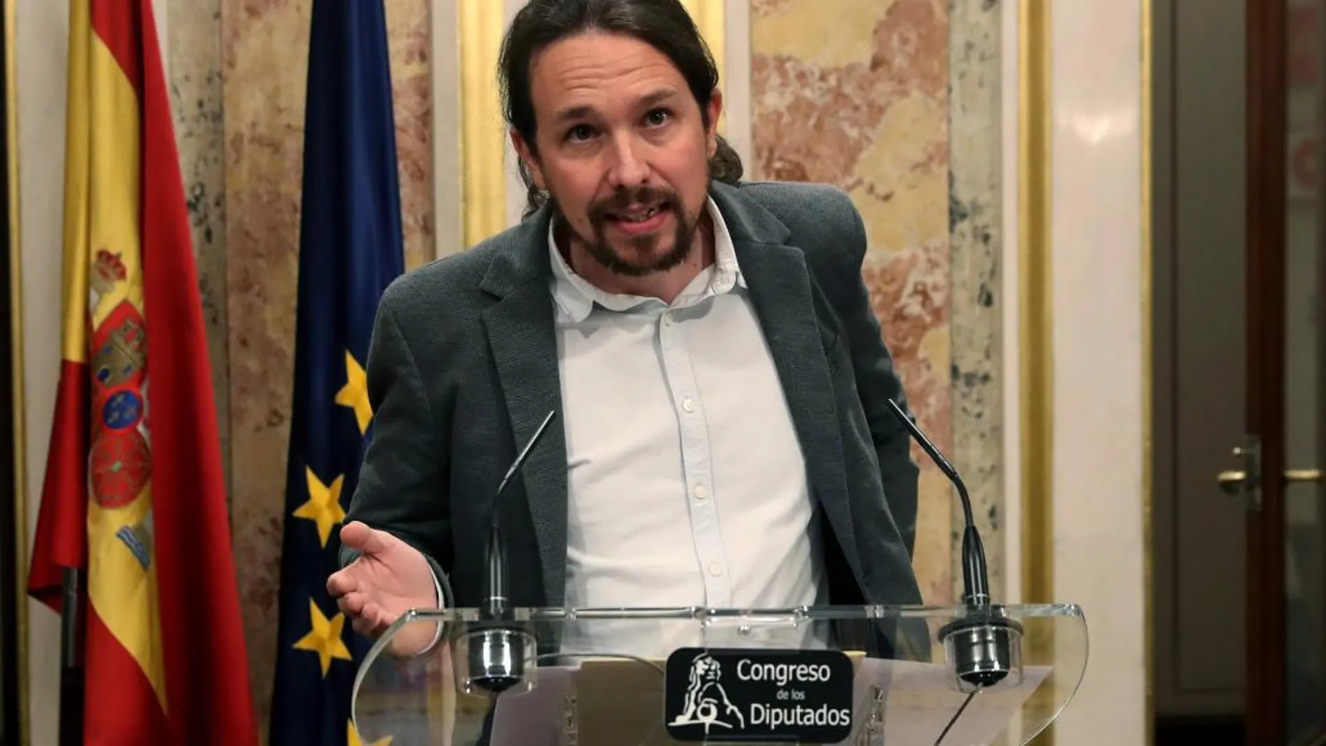 El líder de Podemos, Pablo Iglesias, durante su comparecencia esta tarde en el Congreso de los Diputados