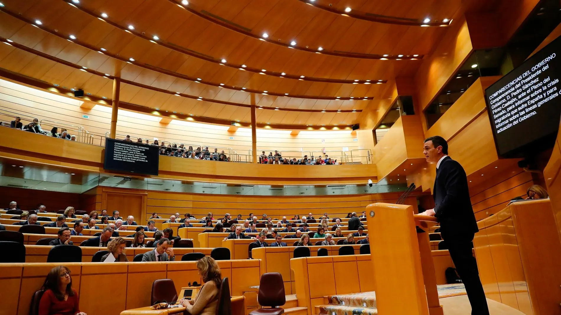 El presidente del Gobierno, Pedro Sánchez, durante su comparecencia en la sesión plenaria del Senado.