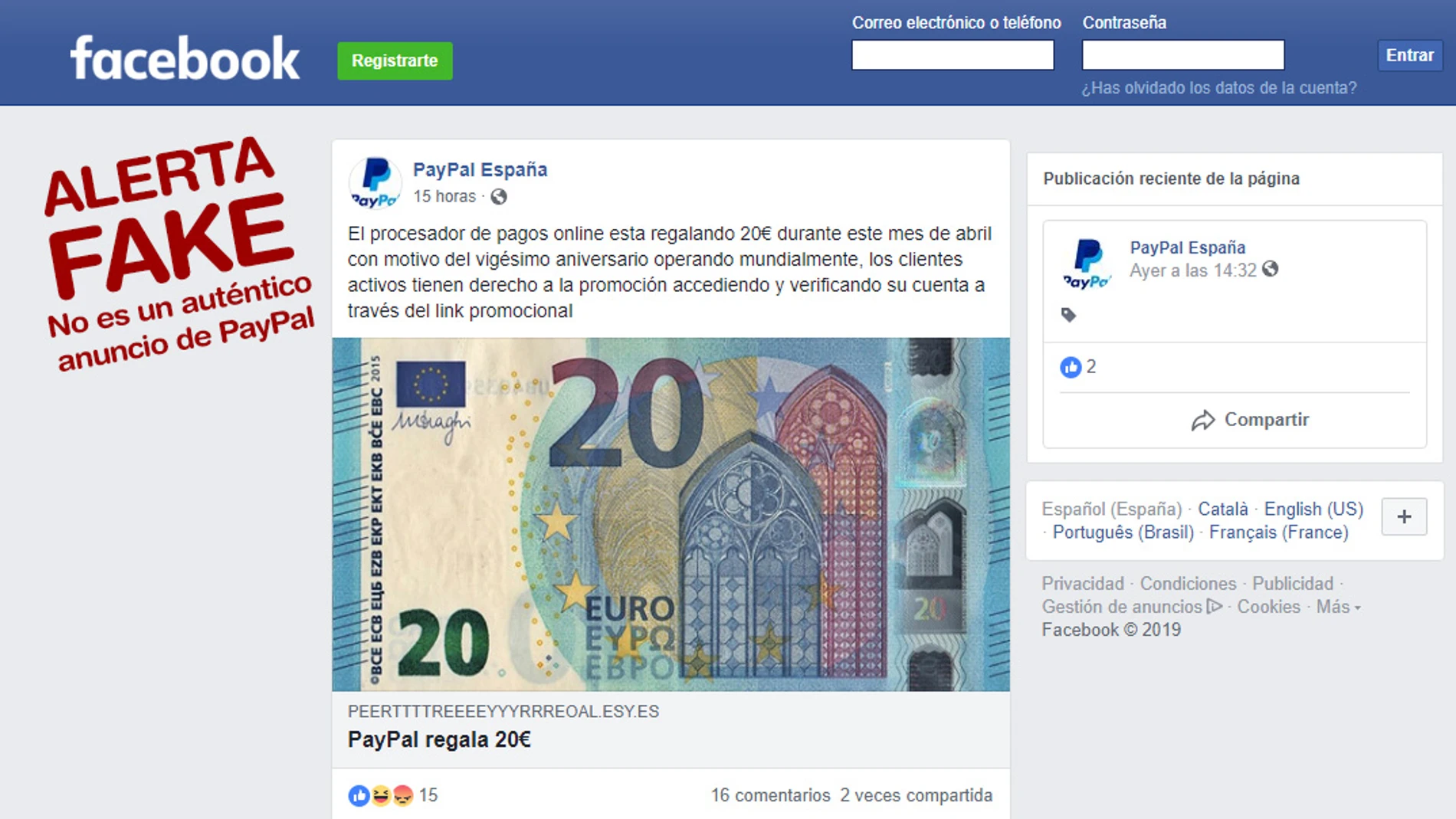 Este es el falso anuncio de Paypal difundido a través de Facebook