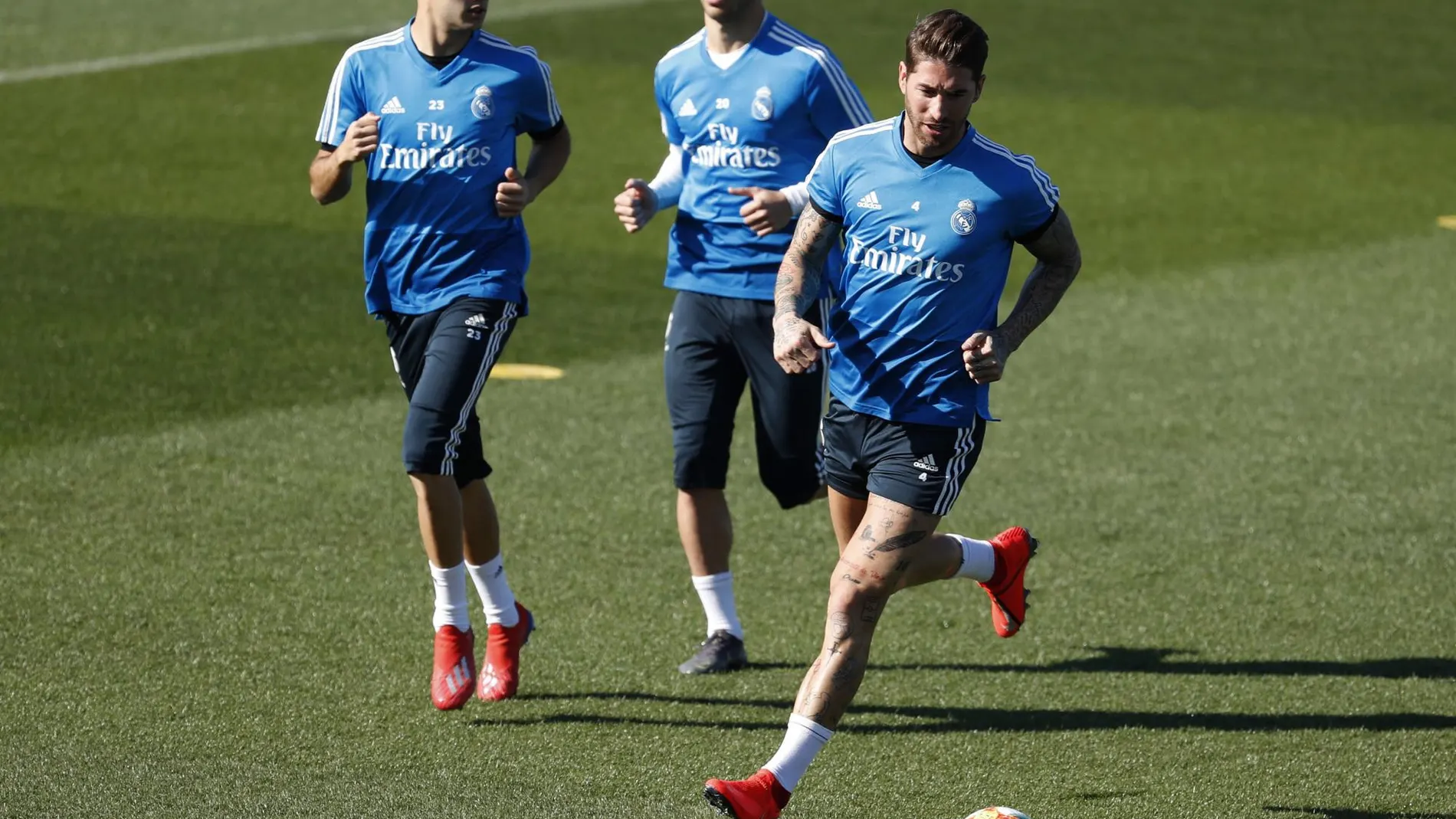 Sergio Ramos, en el entrenamiento de ayer