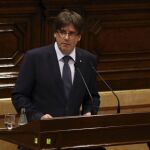 El presidente catalán, Carles Puigdemont, durante su intervención en el debate de la cuestión de confianza