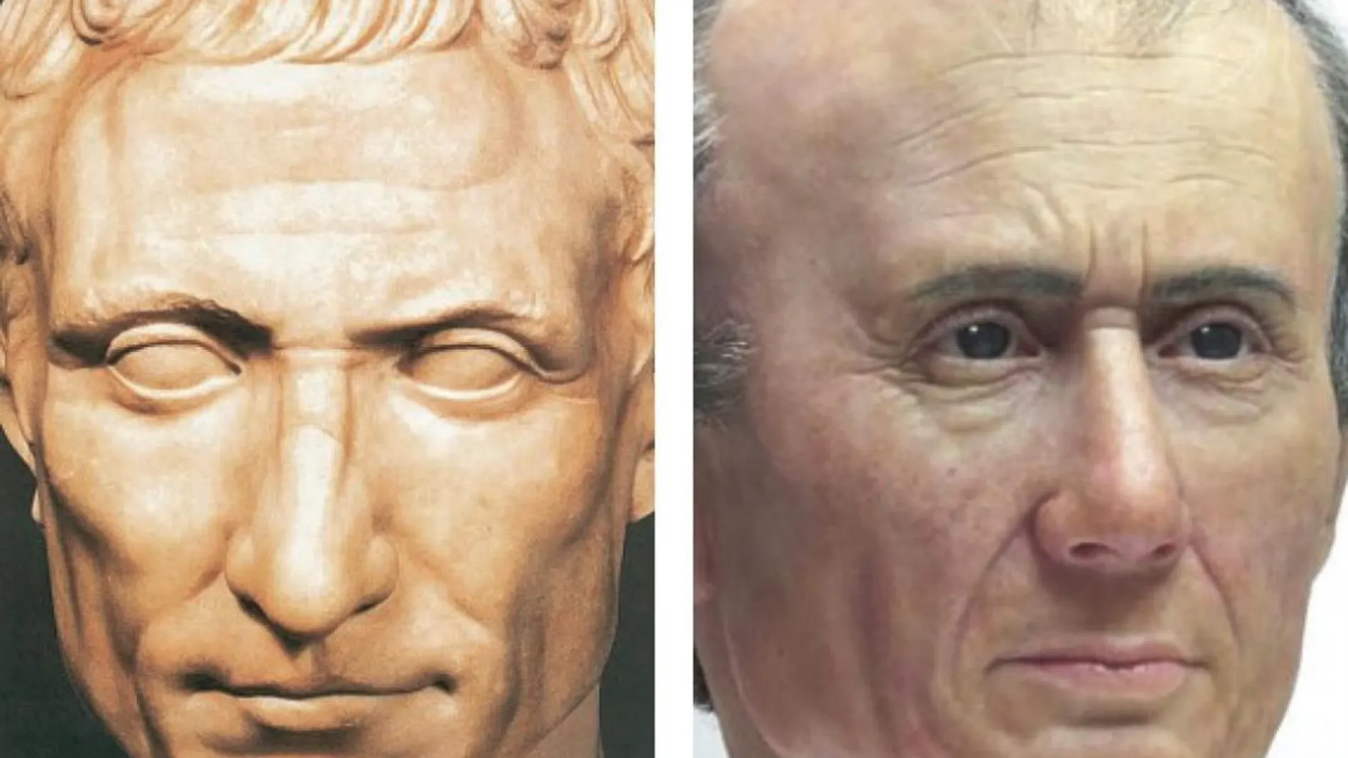 A la izquierda, un busto de Julio César; a la derecha, la reconstrucción del rostro que tendría el militar que ha llevado a cabo el Museo de Leiden