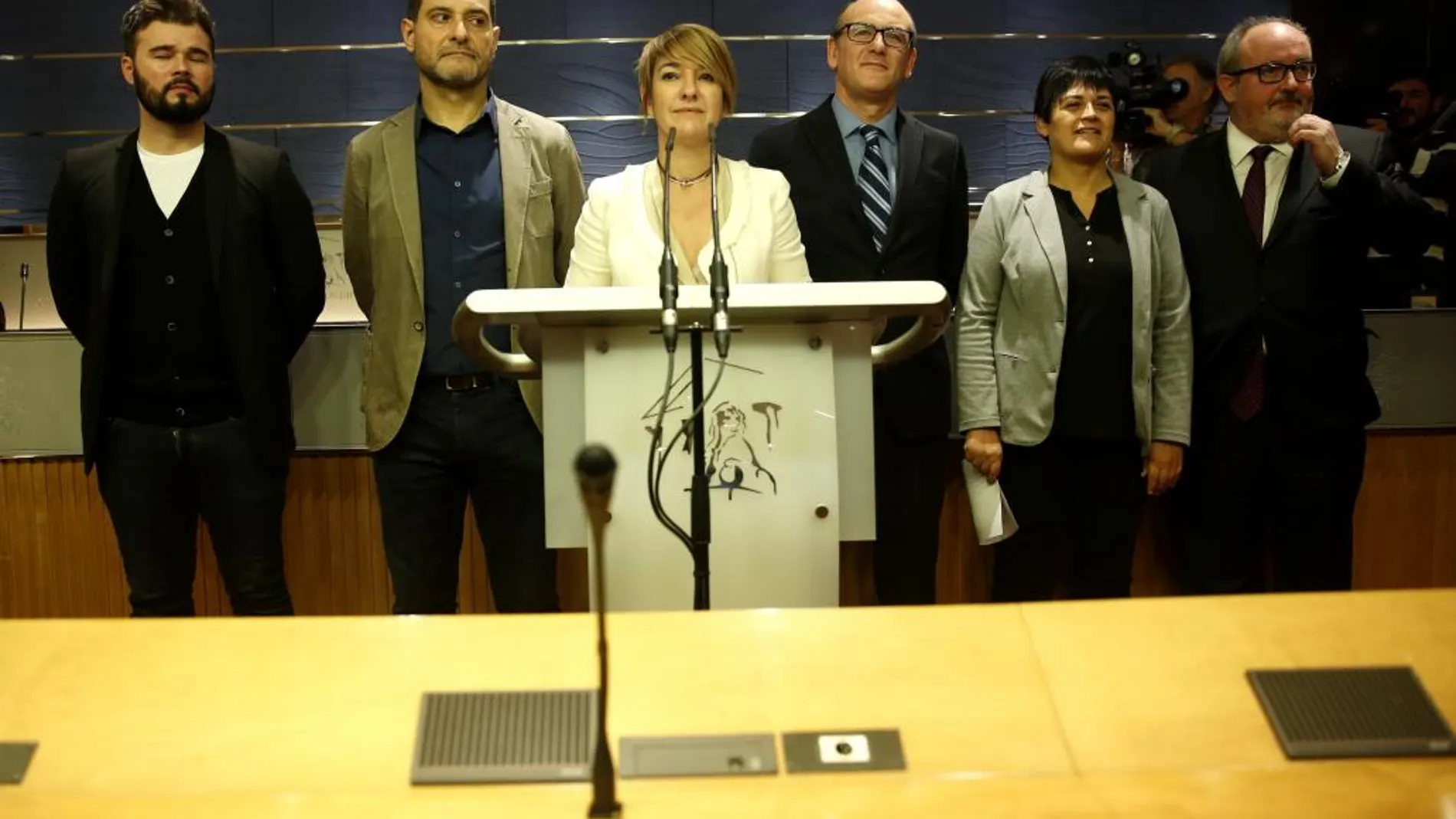 Rueda de prensa de En Comú Podem, ERC, EH Bildu, PNV y PdeCat para anunciar su voto en contra del suplicatorio de Homs