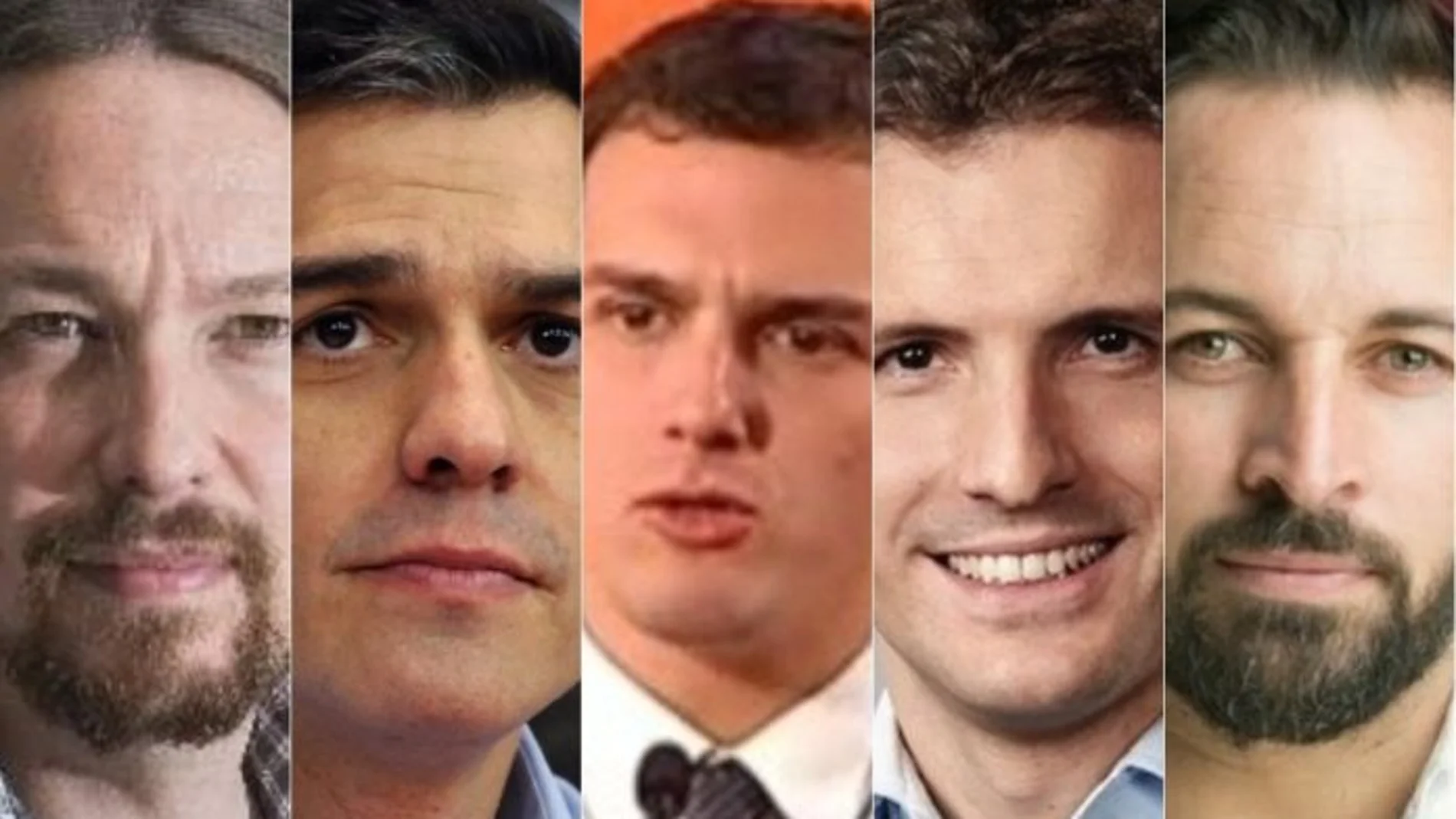 De izquierda a derecha: Pablo Iglesias (Podemos), Pedro Sánchez (PSOE), Albert Rivera (Ciudadanos), Pablo Casado (PP) y Santiago Abascal (VOX)