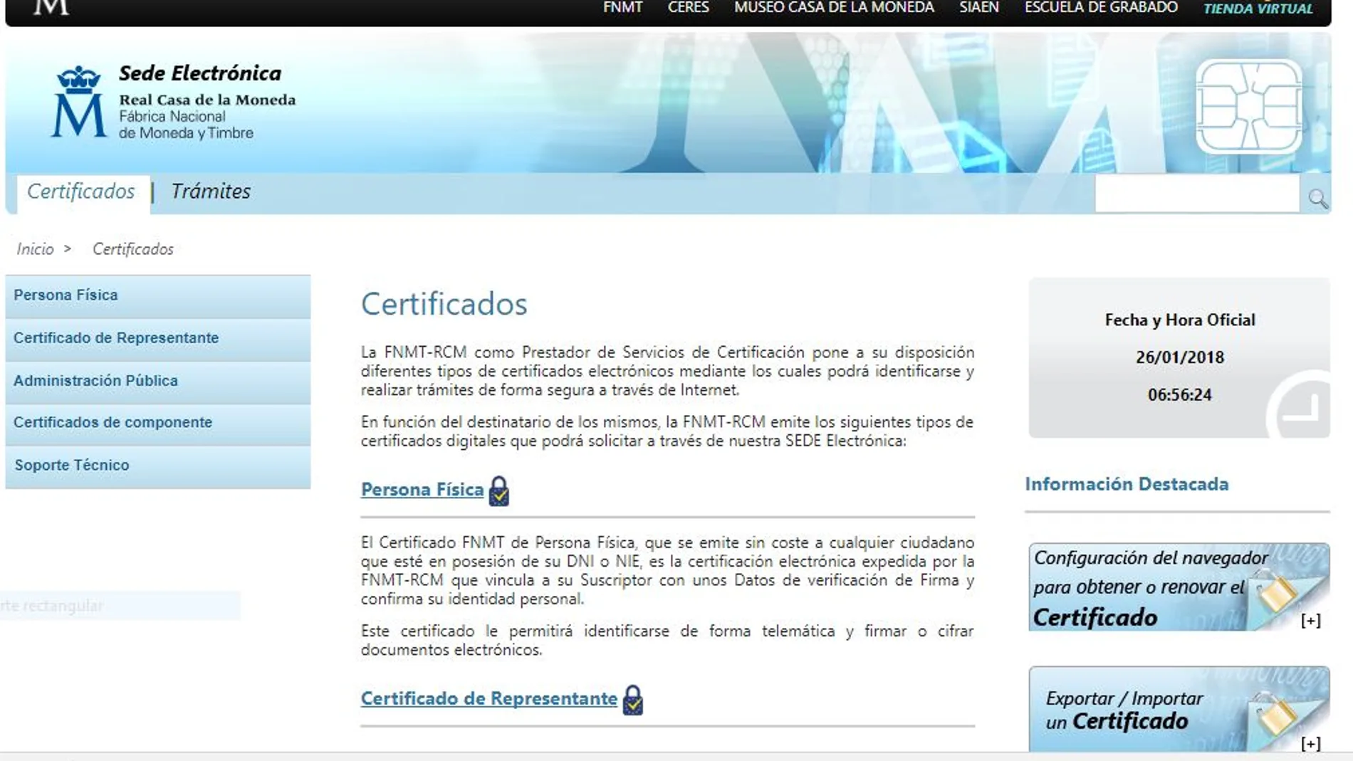 Página web de la FNMT para tramitar los certificados digitales