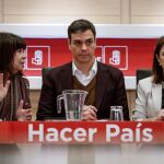 El secretario general del PSOE, Pedro Sánchez (c), acompañado por la presidenta del partido, Cristina Narbona (i), y la vicepresidenta, Adriana Lastra (d), durante la reunión de la Permanente de la Ejecutiva de la formación celebrada hoy en Ferraz