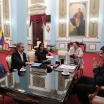 José Luis Rodríguez Zapatero, Nicolás Maduro y Delcy Rodríguez durante la reunión de hoy en Caracas