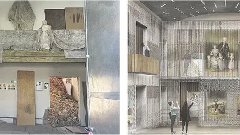 La imagen de la izquierda es la situación actual del palacio, del que han desaparecido varias estancias. A la derecha, el diseño por ordenador del estudio de arquitectos
