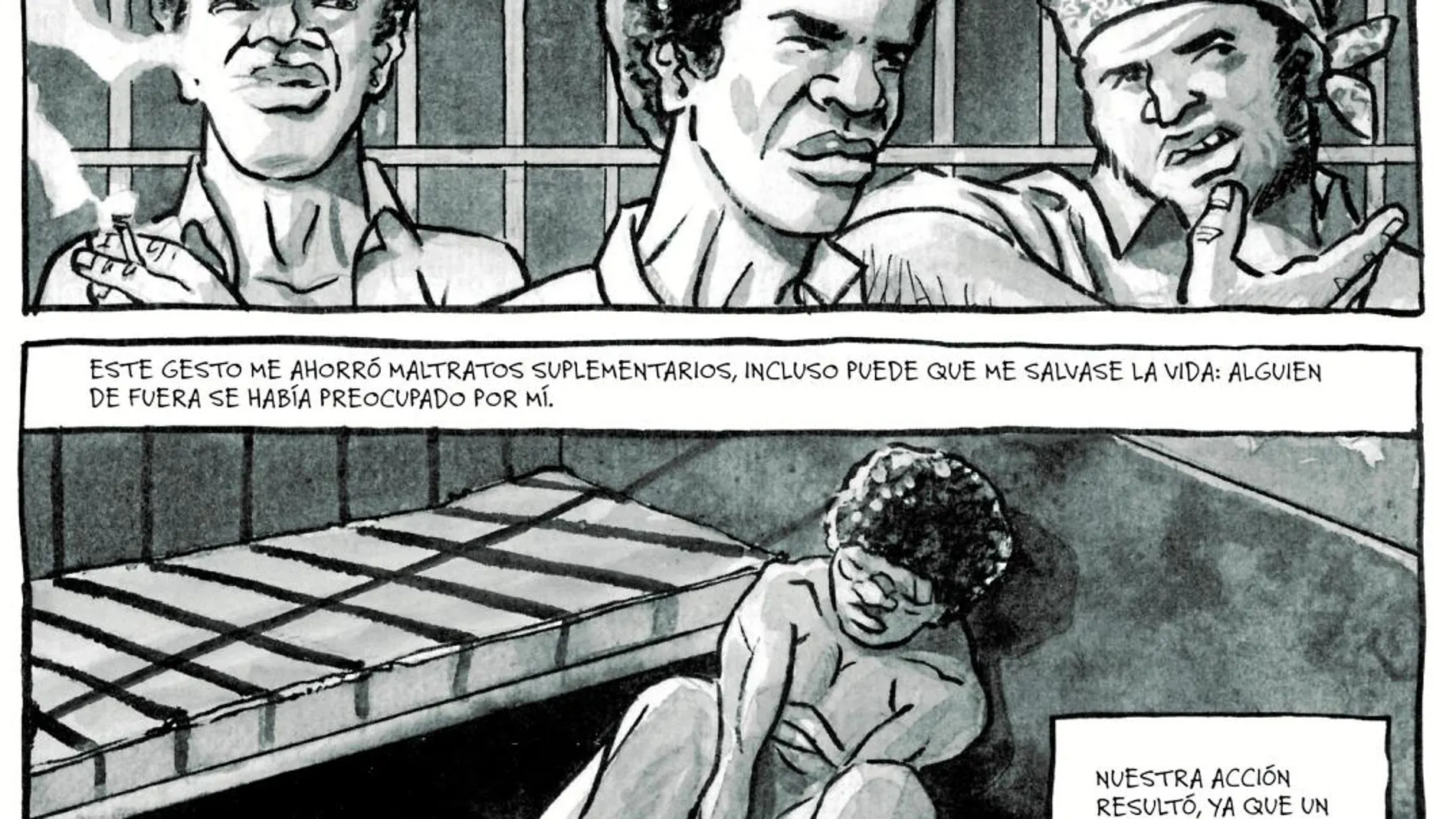 Una página de la historia que narra los abusos sufridos en prisión por los internos. Imagen: Bruno y David Cénou