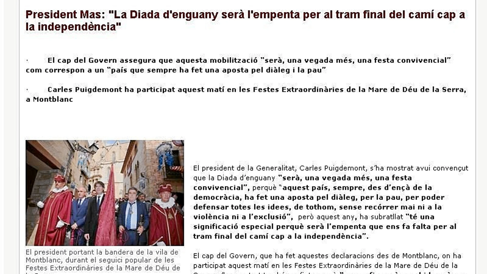 La Generalitat llama «president» a Mas en una nota oficial de la Diada