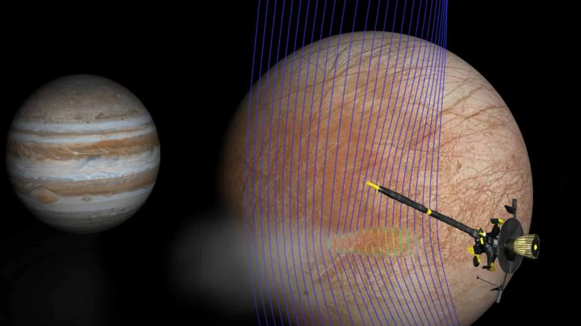 Ilustración artística de Júpiter y Europa (en primer plano) con la nave espacial Galileo después de haber sobrevolado una pluma que sale de la superficie de Europa. Las líneas del campo magnético (representadas en azul) muestran cómo la pluma interactúa con el flujo ambiental del plasma de Júpiter. Los colores rojos en las líneas muestran áreas más densas de plasma. Credits: NASA/JPL-Caltech/Univ. of Michigan.