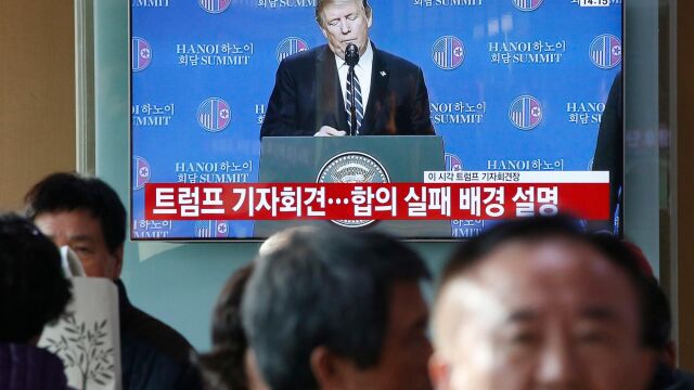 Donald Trump en una imagen de la rueda de prensa tras la reunión con Kim Jong