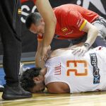 Sergio Llull, tirado en el suelo con claros gestos de dolor nada más producirse la lesión