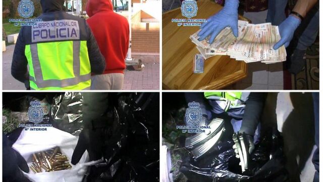 Fotografías facilitadas por la Policía Nacional de la detención de uno de los dos supuesos yihadistas y de munición destinada a armas cortas y a metralletas kalashnikov encontradas en el registro