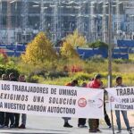 Protestas de mineros ante las puertas de la central térmica de Compostilla de Cubillos de Sil (León)