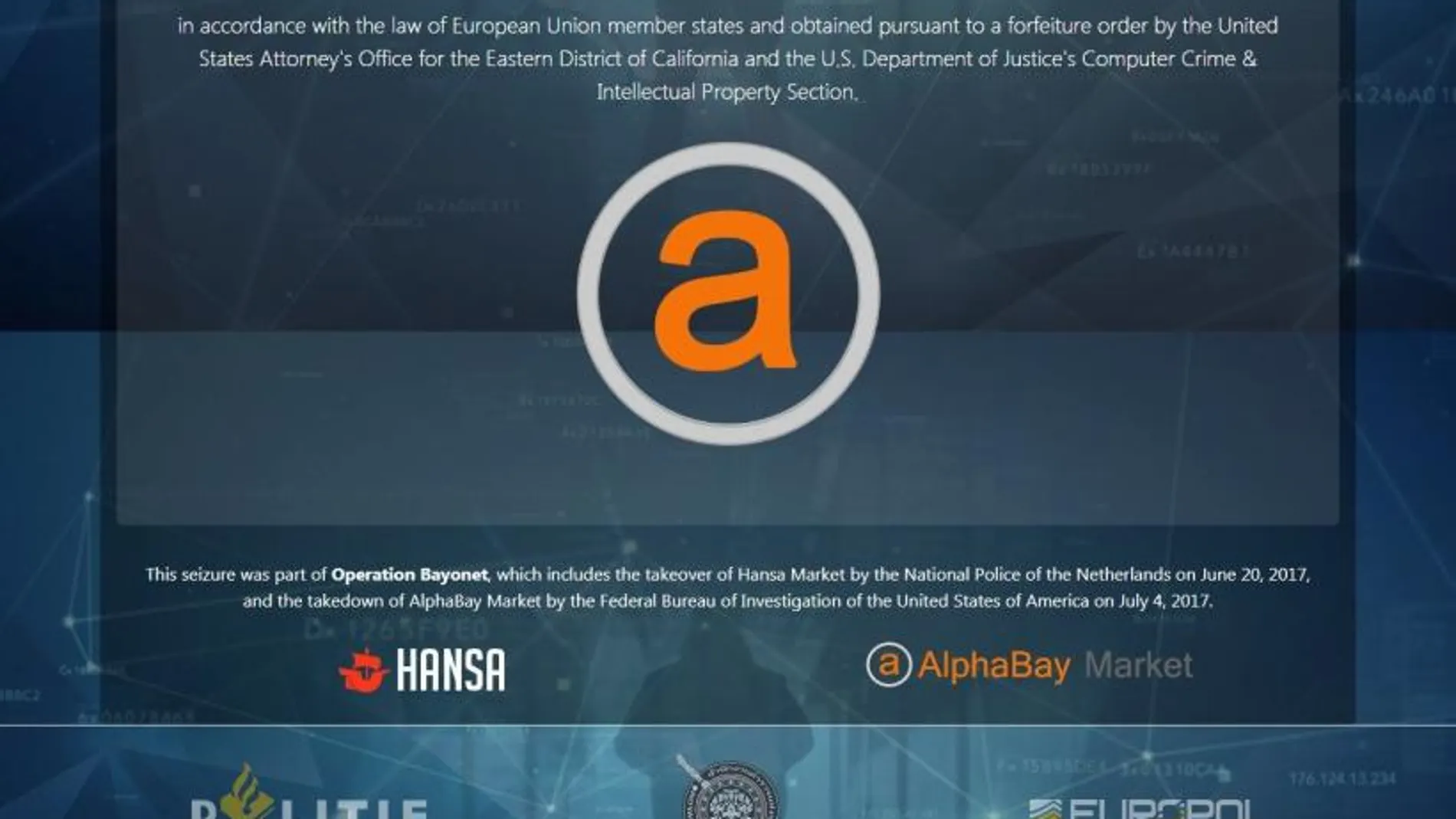 Captura de la página web cerrada y confiscada de AlphaBay / Efe