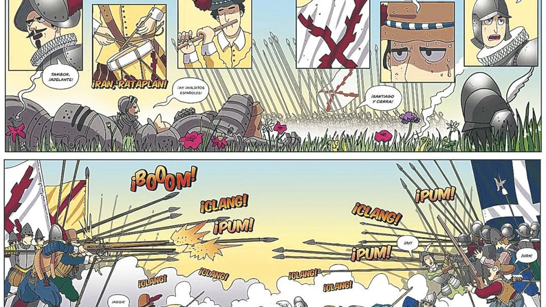 Viñetas de la batalla de Doullens del cómic «Alonso de Contreras, soldado de los Tercios»