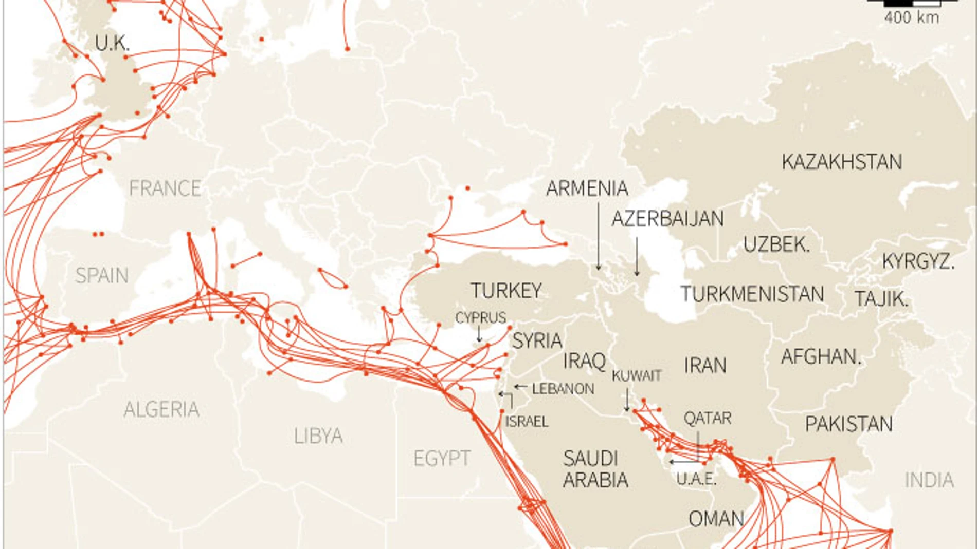 Un ejemplo de cables submarinos, en este caso los que comunican Europa con Oriente Medio