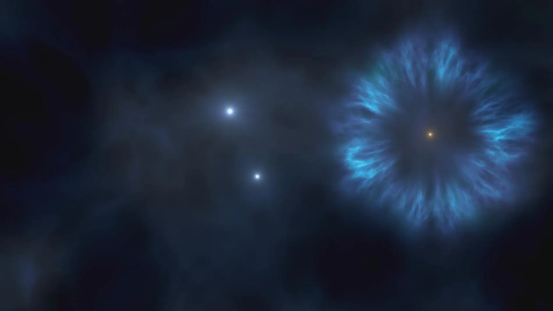 Imagen artística de las primeras supernovas de la Vía Láctea. La estrella Pristine 221.8781+9.7844 se formó a partir del material eyectado por estas primeras supernovas. Crédito: Gabriel Pérez, SMM (IAC)